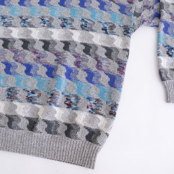 Pronto-Uomo Gray Blue Hounds Tooth Eclectic Grandpa Fine Knit Crew Neck Sweater - Picture 6 of 9